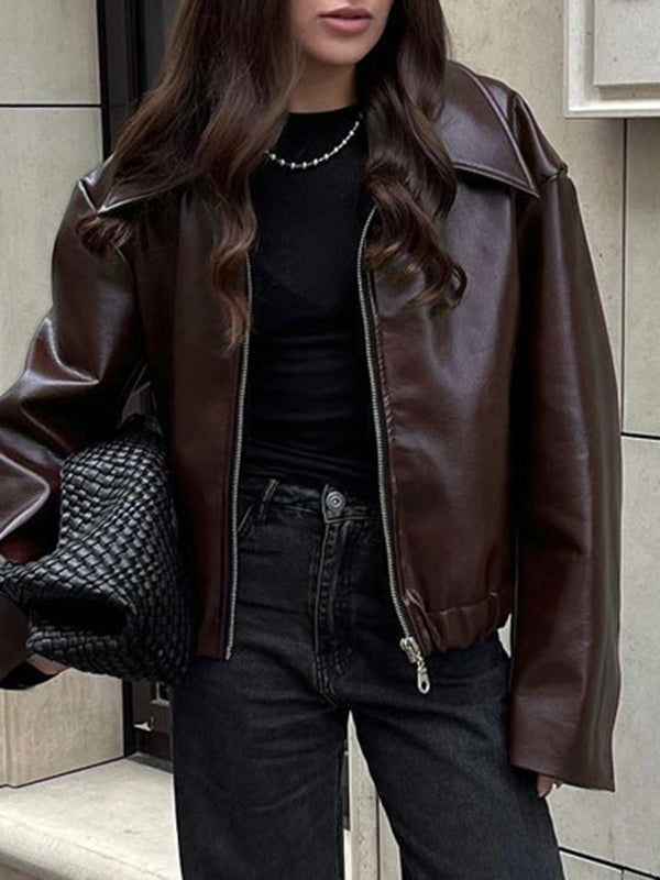 Veste ample à manches longues, à taille élastique, à fermeture éclair, à col revers, couleur unie