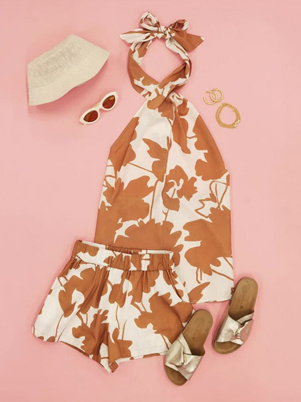Ensemble deux pièces ample noué dos nu, à imprimé floral, à col licou, à taille élastique, à poches, taille haute – débardeur + short