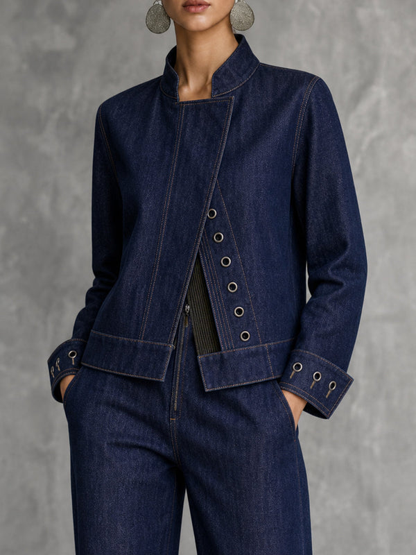 Veste ajourée boutonnée courte à manches longues, à col montant, couleur unie