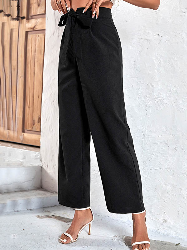 Pantalon côtelé décontracté taille haute, à jambes larges, couleur unie