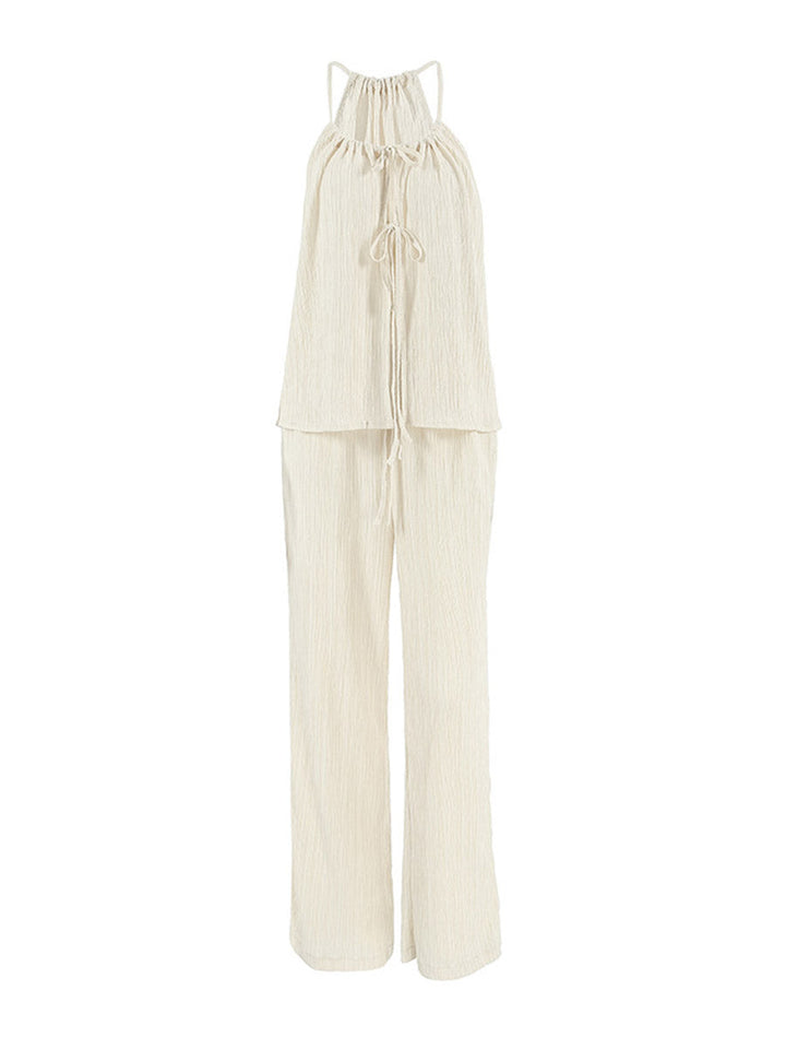 Ensemble deux pièces court plissé à col licou, à empiècements, taille haute, à taille élastique, à taille nouée, couleur unie – débardeur + pantalon
