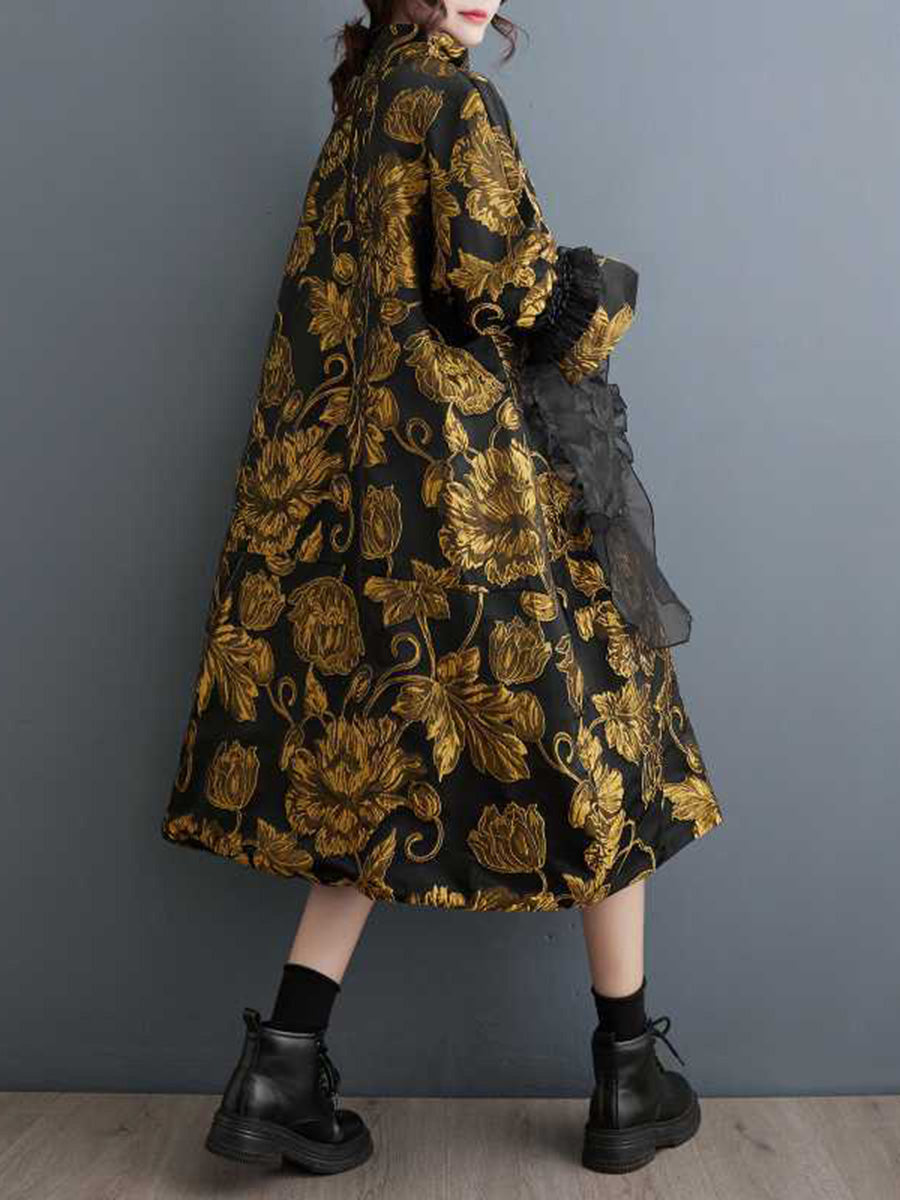 Robe mi-longue coupe trapèze, à manches évasées, à imprimé floral, en jacquard, à poches, à col haut, couleur contrastée