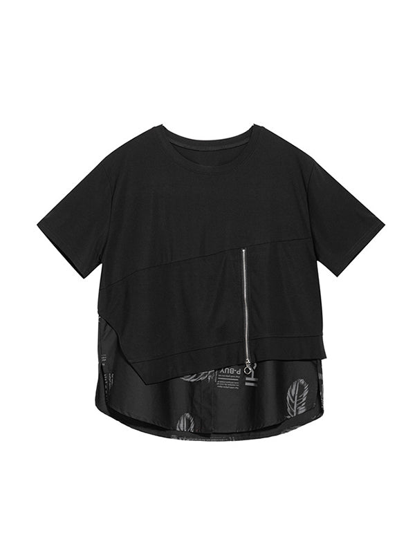 Faux deux t-shirts amples à col rond à empiècements et impression