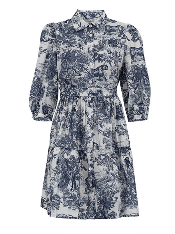 Robe chemise ample plissée imprimée à manches bouffantes, à empiècements, à taille nouée, à col revers