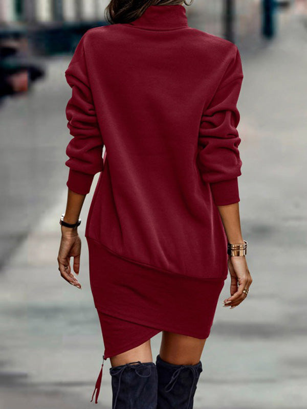Robe courte décontractée à manches longues, à col haut, couleur unie