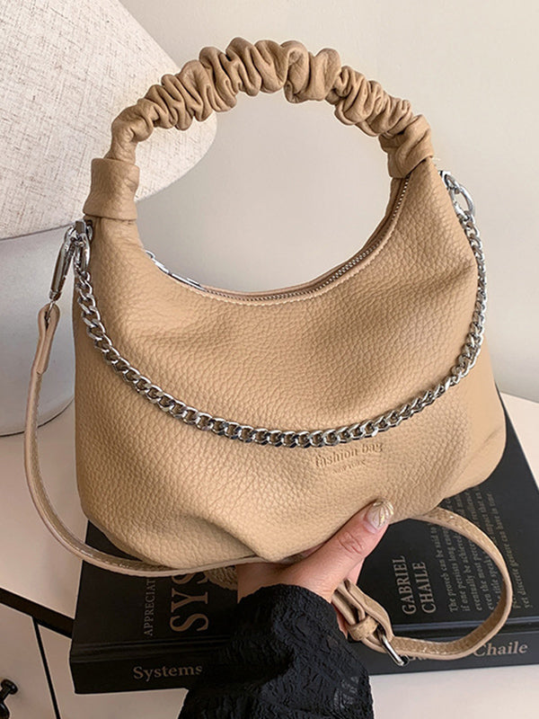 Sac à main plissé à chaîne, à fermeture éclair, couleur unie