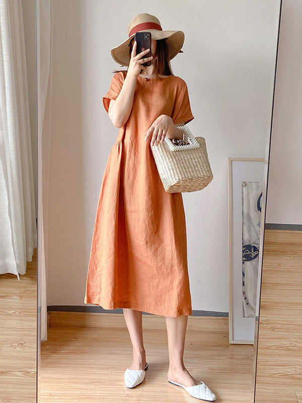 Robe mi-longue décontractée ample à col rond, couleur unie