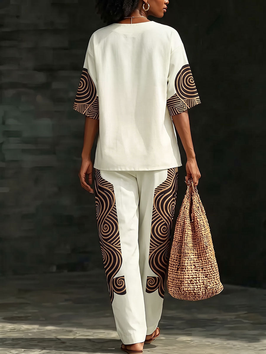 Pantalon imprimé ample à poches, à taille élastique, à jambes larges, couleur contrastée