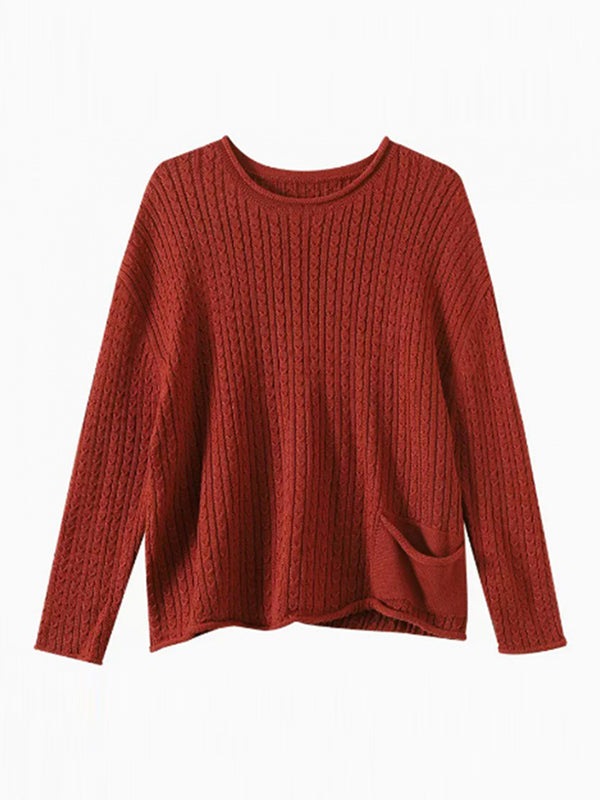 Pull artistique ample rétro, à manches longues, en jacquard, à col rond, couleur unie