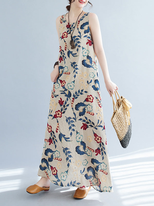 Robe longue ample sans manches, à imprimé floral, à col rond