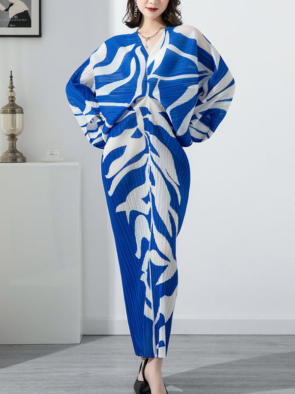 Robe mi-longue imprimée plissée à manches chauve-souris, à manches longues, à col en V, couleur contrastée