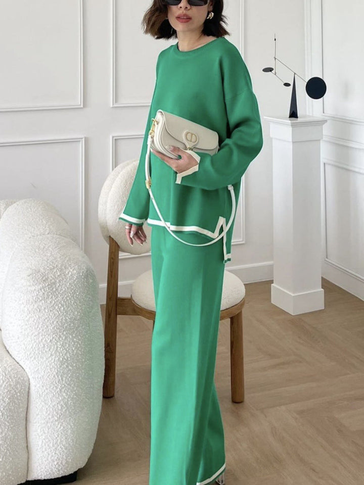 Ensemble deux pièces : haut fendu sur le côté à ourlet plongeant, à manches longues, à col rond, couleur contrastée + pantalon fendu sur le côté à jambes larges