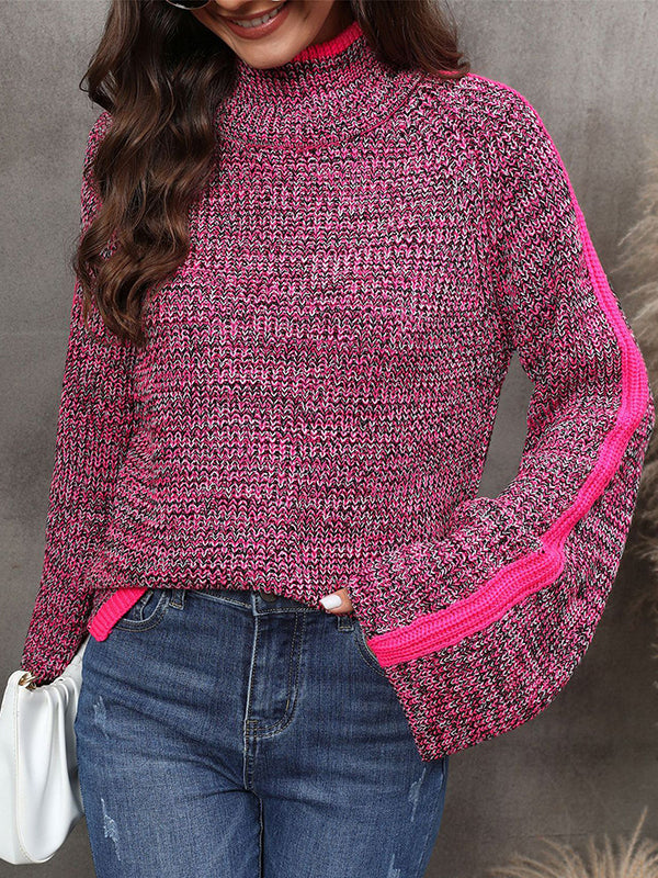 Pull décontracté à manches longues, ample, couleur contrastée, demi-col roulé