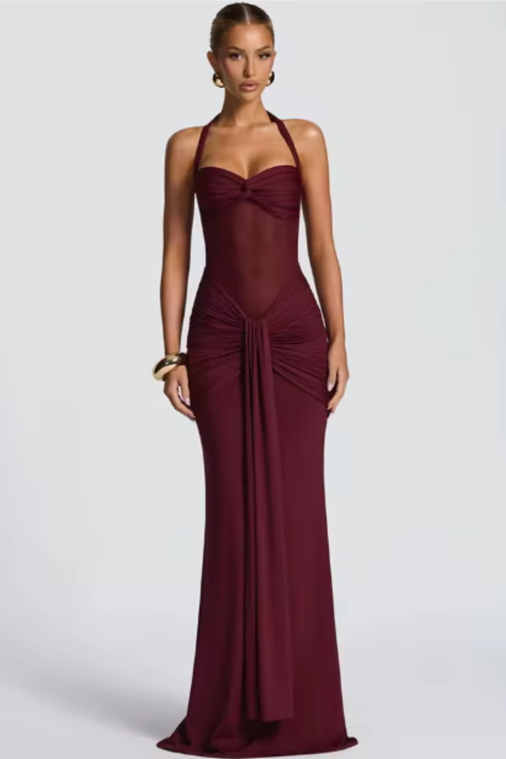 Céline | Robe Maxi à Dos Nu Femme Ruchée Invité de Mariage – Halter Maxi 2026