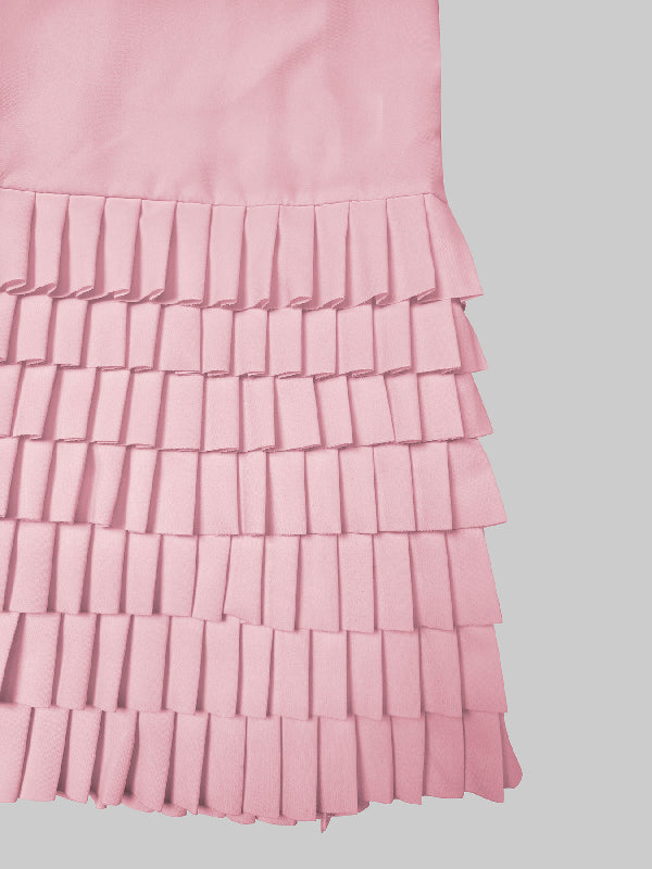 Robe chemise superposée plissée coupe trapèze, à manches longues, à poches, à empiècements, à col revers, couleur unie