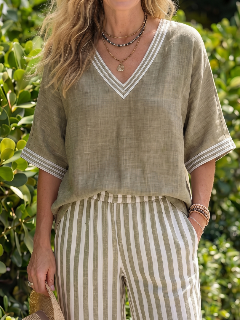 Wren | Tunique à décolleté en V contrasté avec ensemble de pantalons rayés