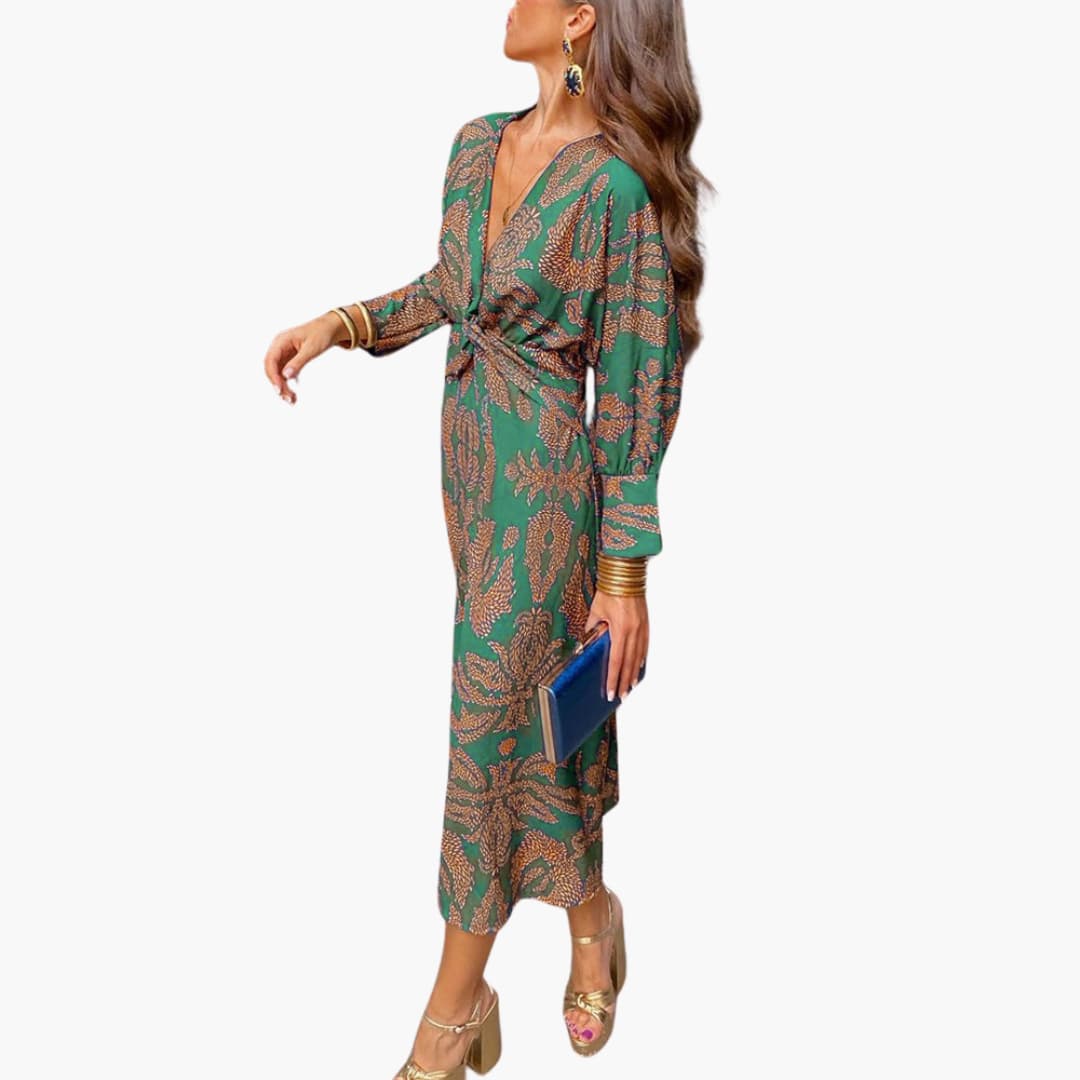 Robe midi pour femmes - Motif floral, manches longues & décolleté en V