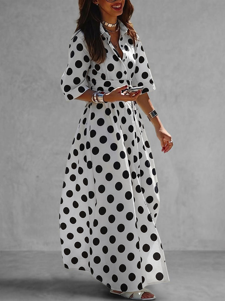 Robe chemise boutonnée coupe trapèze, à manches mi-longues, à taille élastique, à pois, à col revers, couleur contrastée