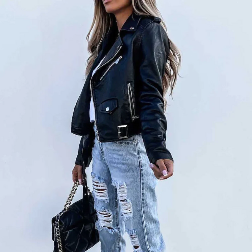 Veste en Cuir Courte Femme Noire