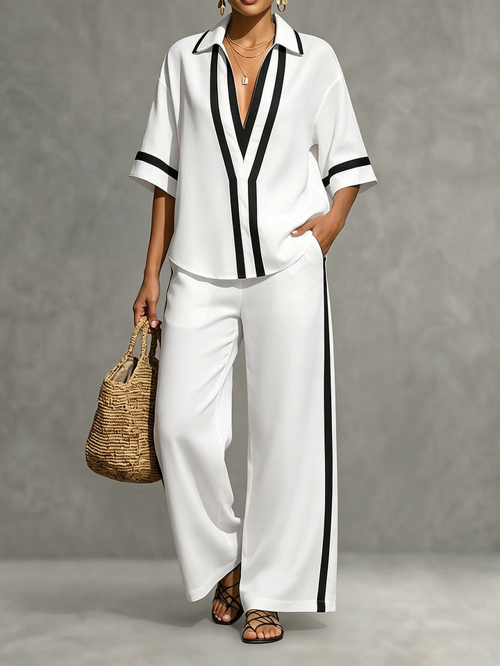 Pantalon taille haute, à jambes larges, couleur contrastée