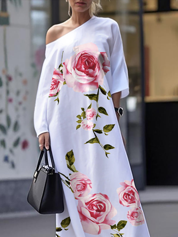 Robe longue ample asymétrique à manches trois-quarts, à imprimé floral, à poches, asymétrique à une épaule