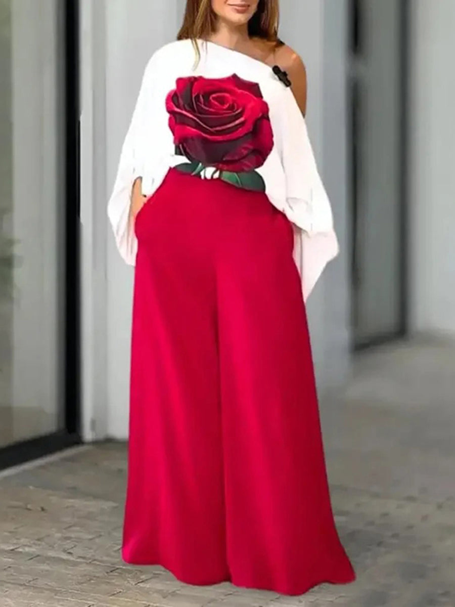 Ensemble deux pièces asymétrique taille haute, à manches longues, à taille élastique, à imprimé floral, à poches, asymétrique à une épaule, couleur unie