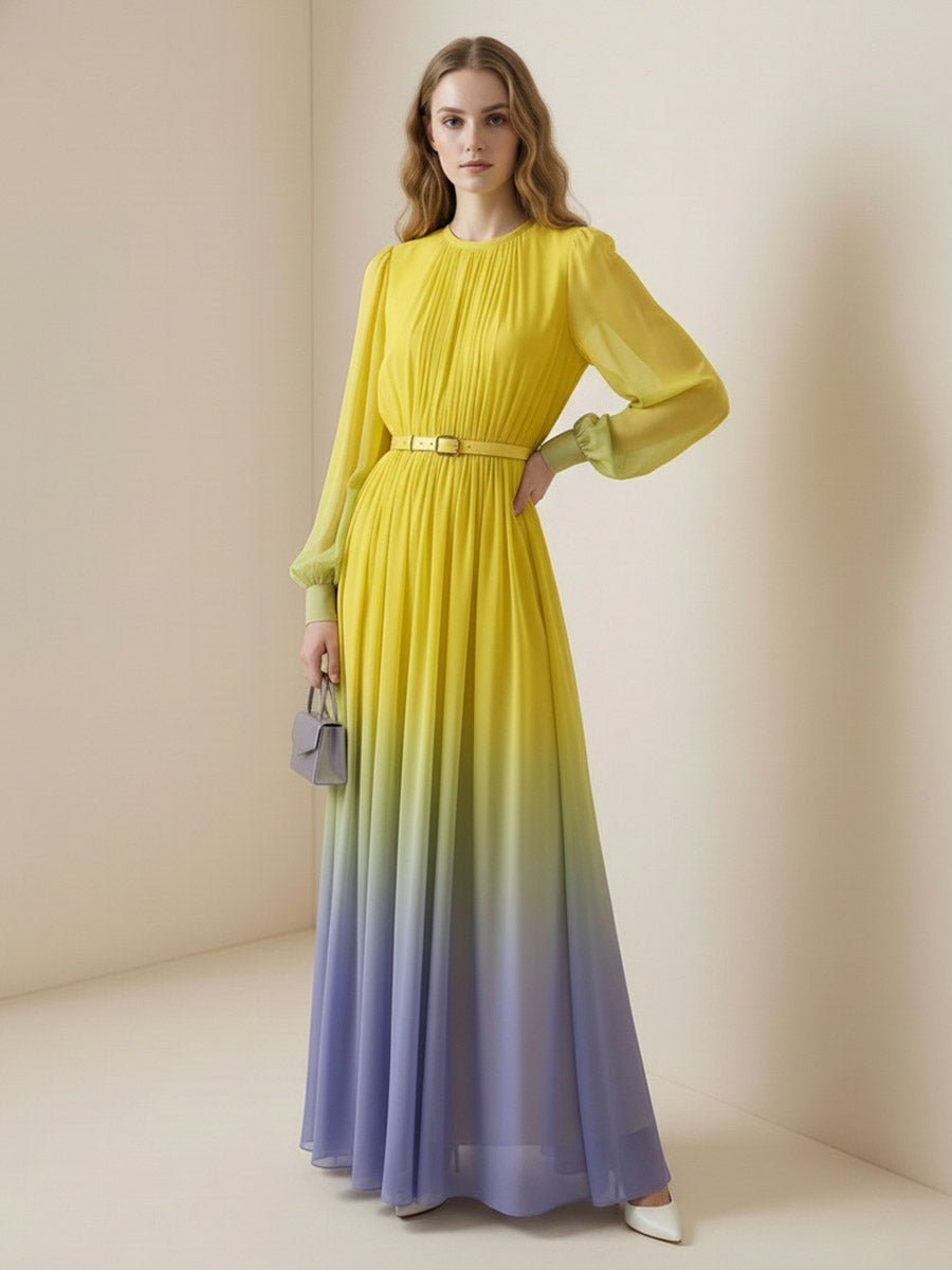 Robe longue plissée taille haute, à manches longues, avec ceinture, en dégradé, à empiècements, à col rond, couleur contrastée