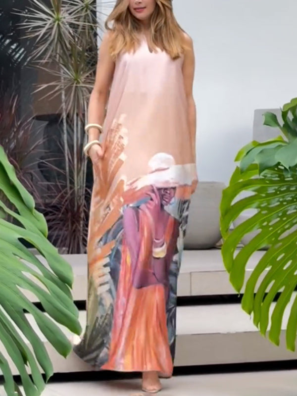 Robe longue ample sans manches, à motifs figuratifs, à poches, à col en V