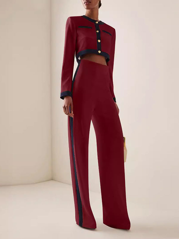 Ensemble deux pièces boutonné à manches longues, à empiècements, à col rond, taille haute – chemisier + pantalon