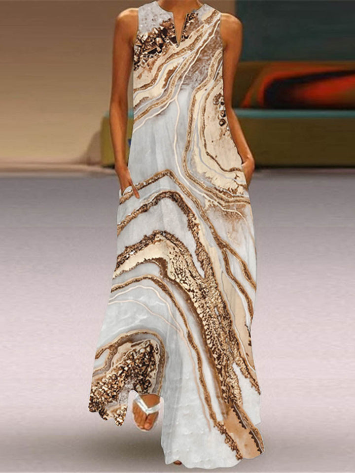 Robe longue ample imprimée coupe trapèze, à poches, à empiècements, à col en V, couleur contrastée
