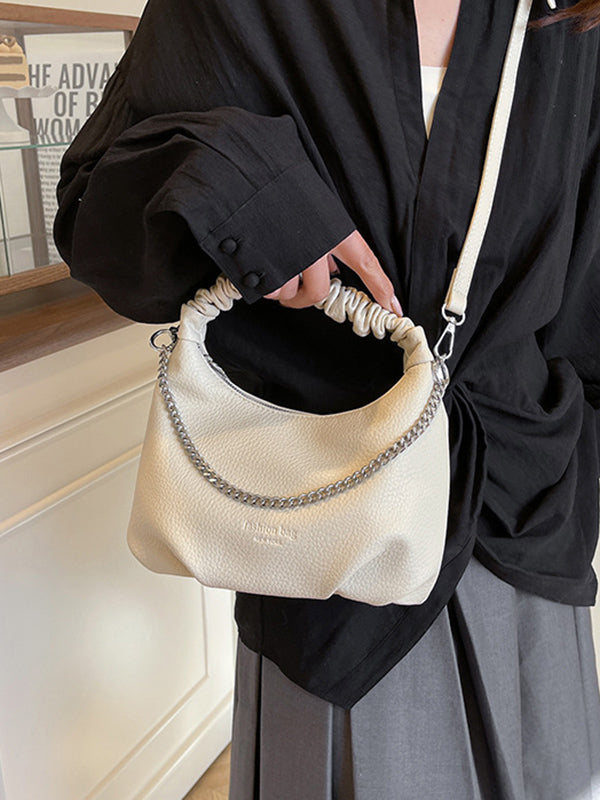 Sac à main plissé à chaîne, à fermeture éclair, couleur unie