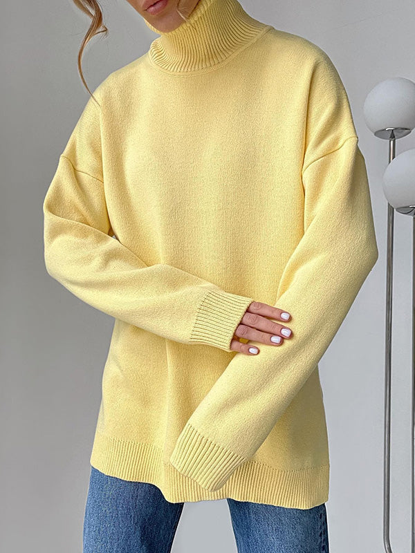 Pull décontracté ample fendu sur le côté à manches longues, à col haut, couleur unie