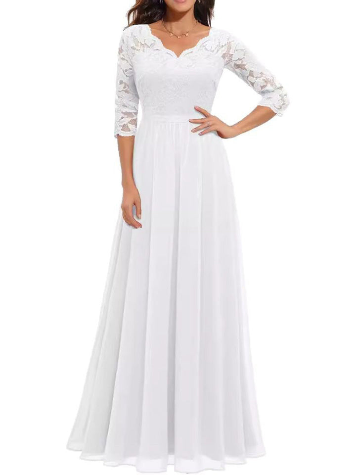Robe longue plissée transparente coupe trapèze, taille haute, à empiècements, à col en V, couleur unie