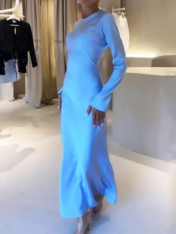 Robe longue coupe trapèze, taille haute, à col rond, couleur unie