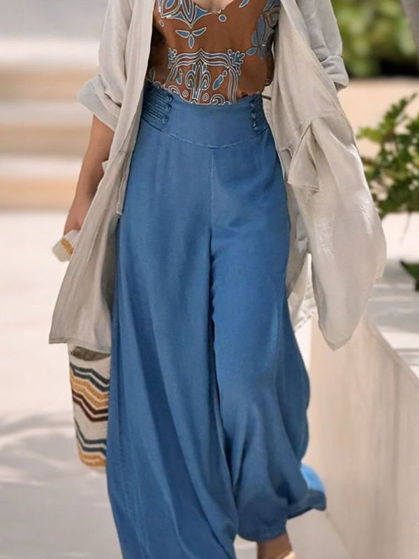 Pantalon ample à jambes larges, à empiècements, couleur unie