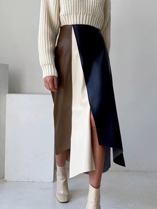 Jupe asymétrique fendue devant coupe trapèze, taille haute, couleur contrastée