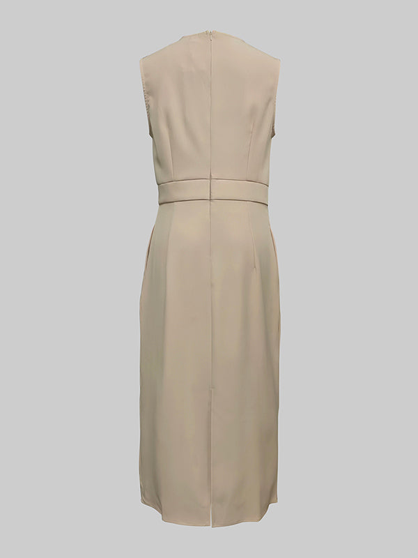 Robe mi-longue ample plissée taille haute, à col rond, couleur unie