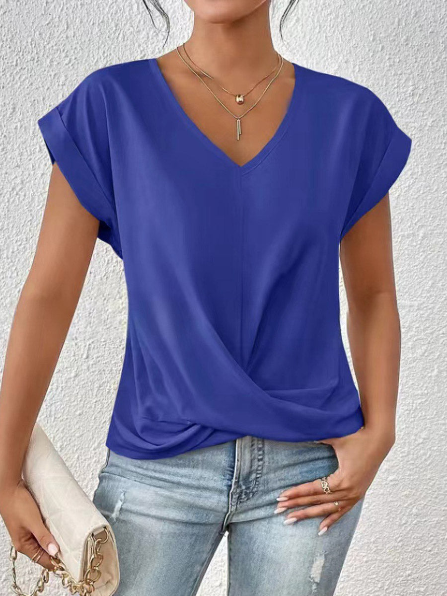 T-shirt ample plissé à manches courtes, à col en V, couleur unie