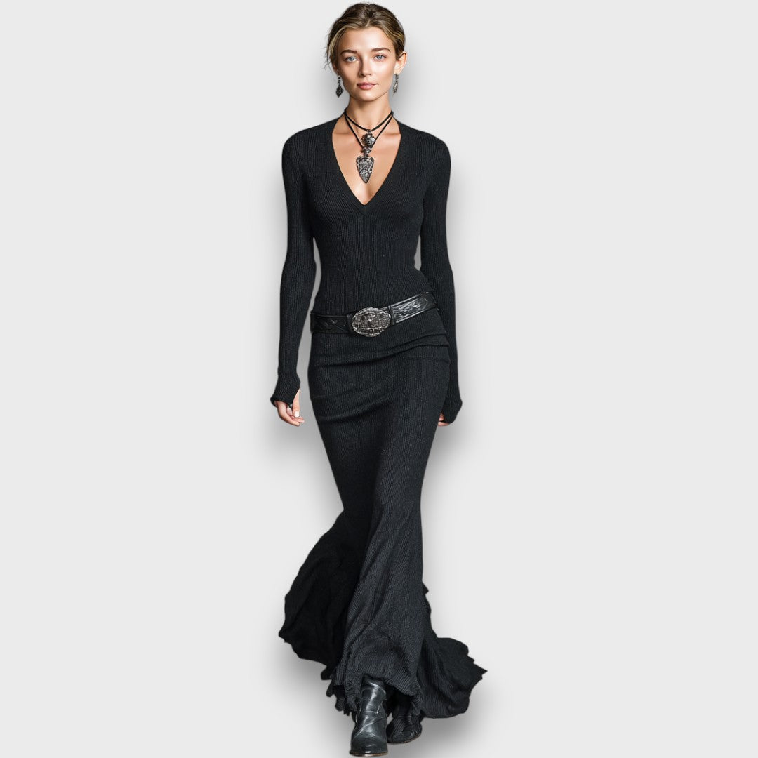 Selira – Robe maxi ajustée avec décolleté en V