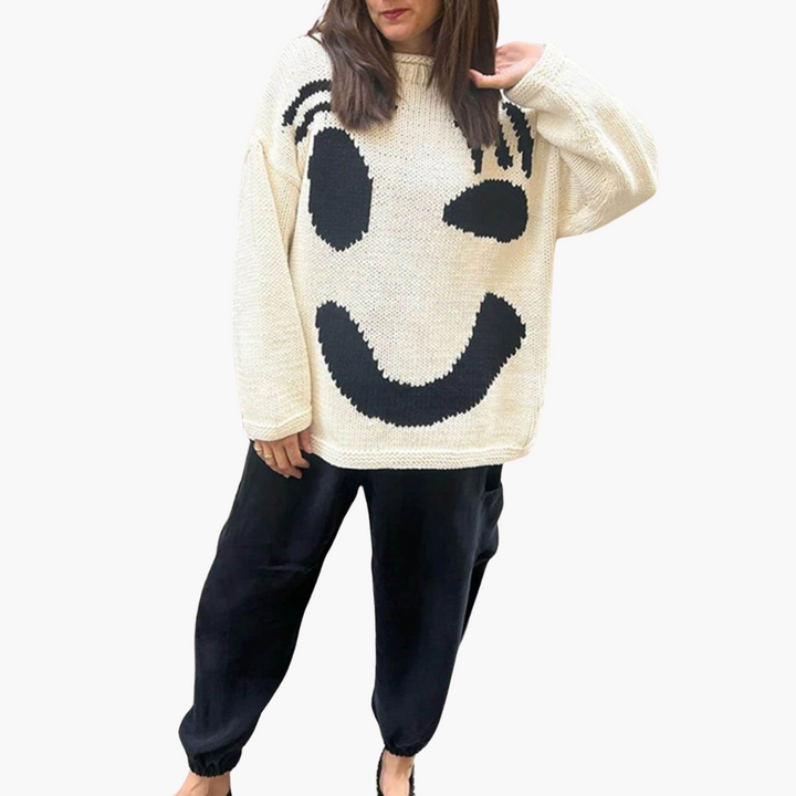 Pull en tricot pour femmes - avec coupe oversize et motif Smiley