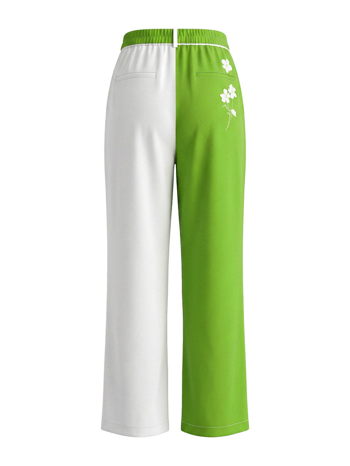 Pantalon plissé taille haute, avec ceinture, couleur contrastée