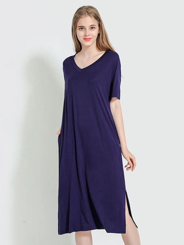 Robe de pyjama simple à manches courtes, ample, fendue sur le côté, couleur unie, col en V