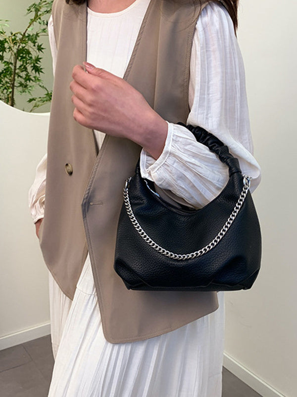 Sac à main plissé à chaîne, à fermeture éclair, couleur unie