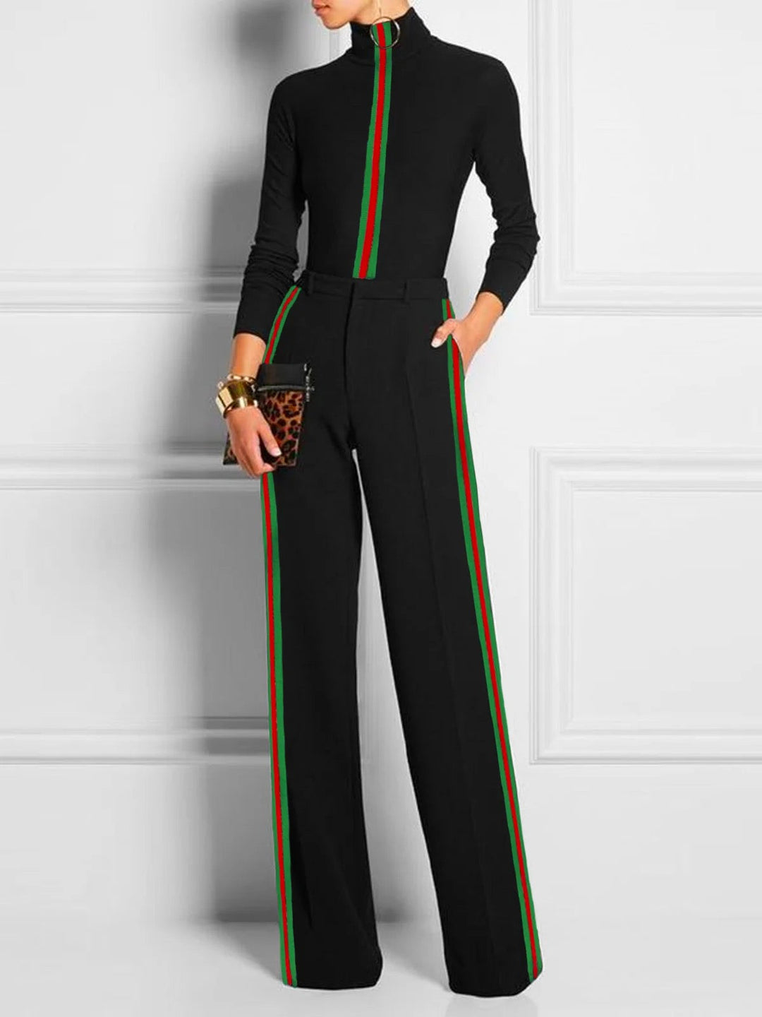 Pantalon rayé décontracté à manches longues, coupe près du corps, couleur contrastée