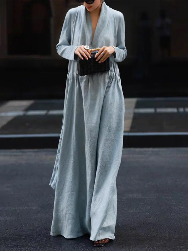 Robe longue ample à manches longues, à taille élastique, à col en V, couleur unie