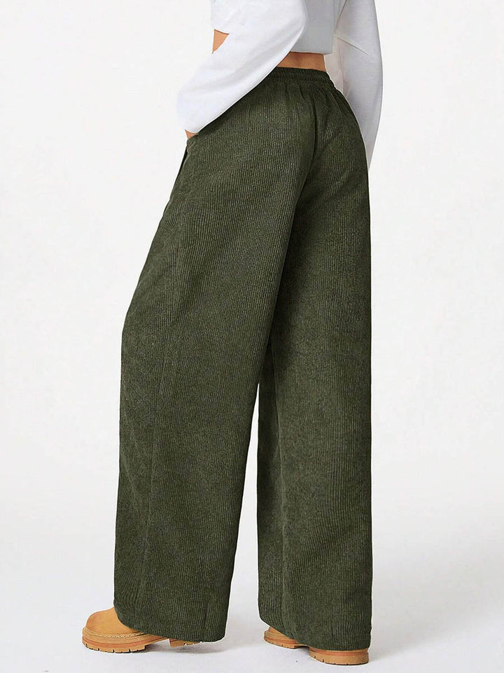Pantalon taille haute, à jambes larges, à cordon de serrage, à taille élastique, à poches, couleur unie