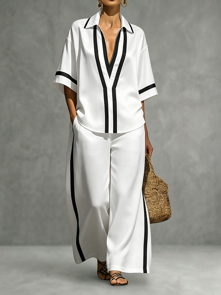 Pantalon taille haute, à jambes larges, couleur contrastée