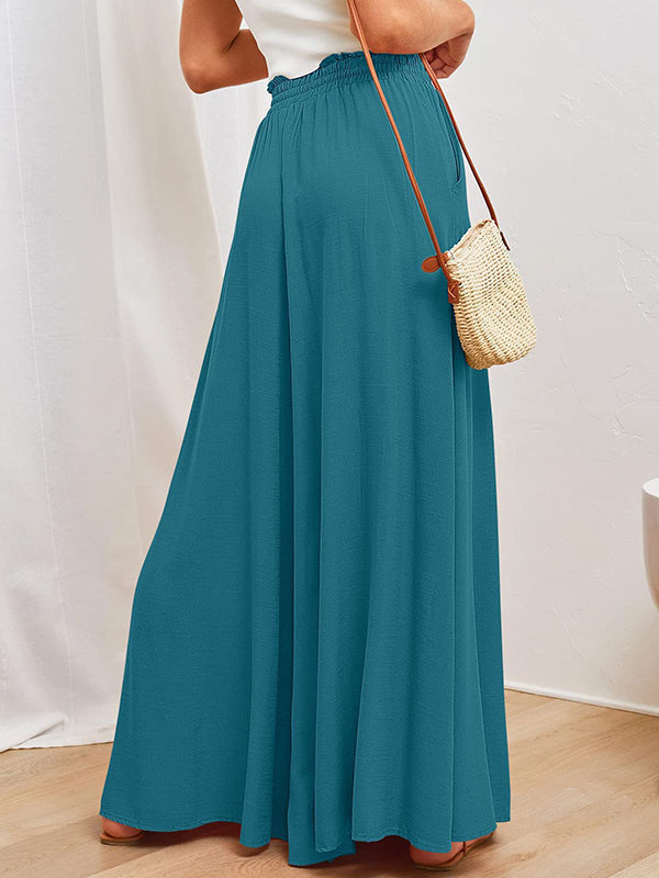 Pantalon ample plissé taille haute, à cordon de serrage, à taille élastique, à poches, couleur unie