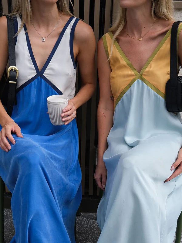 Robe longue ample sans manches, à empiècements, à décolleté en V profond, couleur contrastée