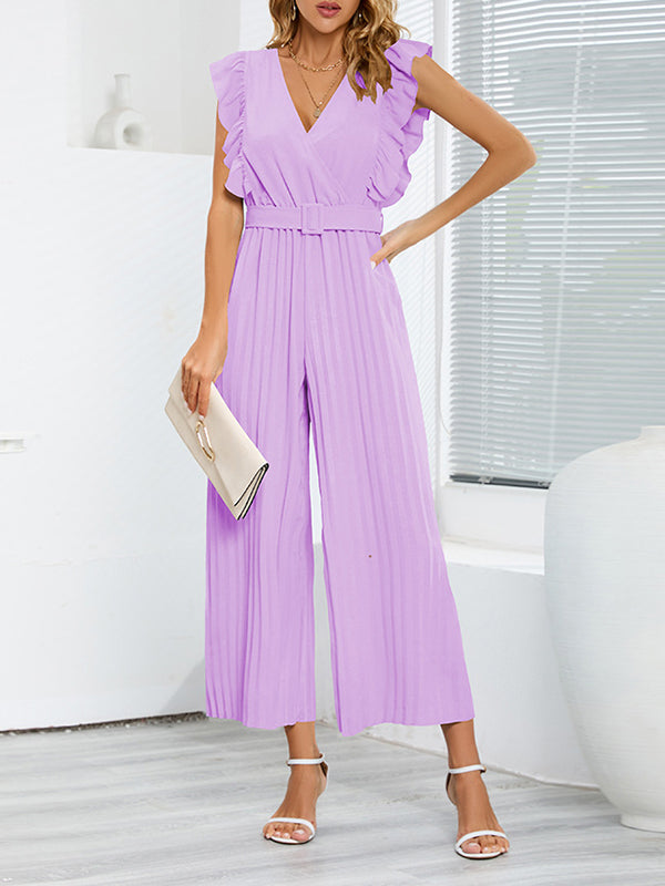 Combinaison ample plissée volantée taille haute, avec ceinture, à col en V, couleur unie